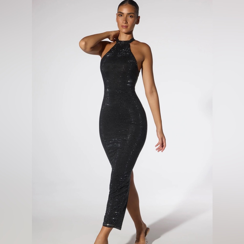 Oh Polly - Embellished halter neck low back evening gown in black